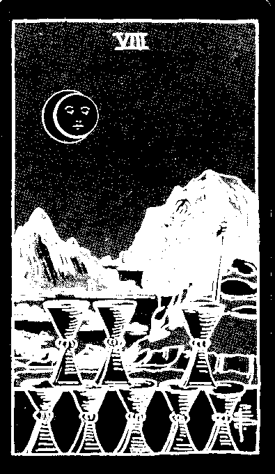 Eight of Cups — white-line plate after the 1909 Rider–Waite–Smith deck