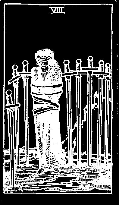 Eight of Swords — white-line plate after the 1909 Rider–Waite–Smith deck