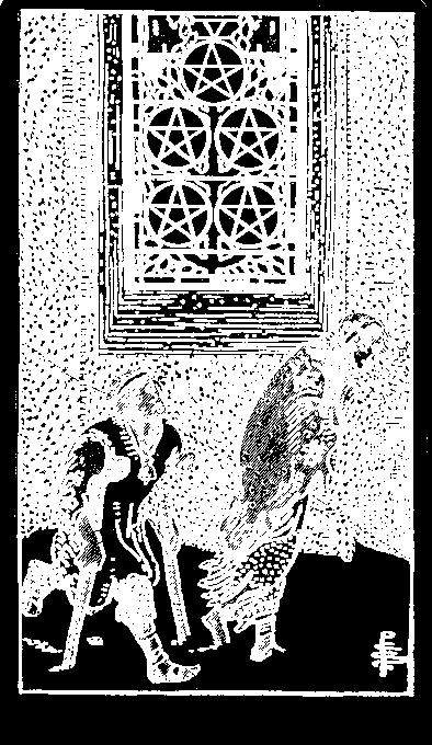 Five of Pentacles — white-line plate after the 1909 Rider–Waite–Smith deck