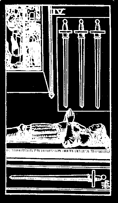 Four of Swords — white-line plate after the 1909 Rider–Waite–Smith deck