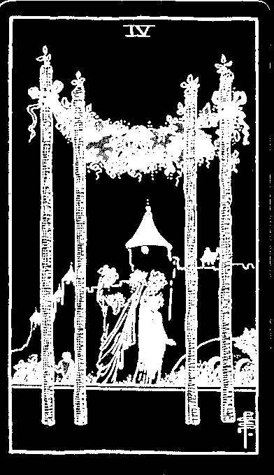 Four of Wands — white-line plate after the 1909 Rider–Waite–Smith deck