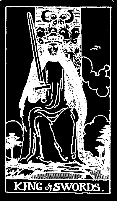 King of Swords — white-line plate after the 1909 Rider–Waite–Smith deck
