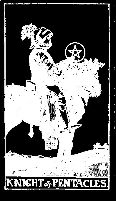 Knight of Pentacles — white-line plate after the 1909 Rider–Waite–Smith deck