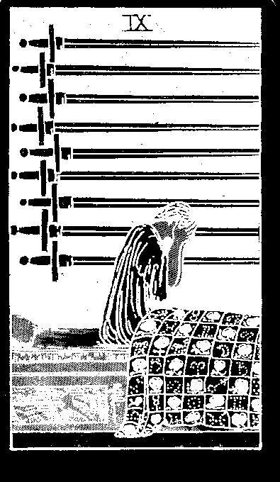 Nine of Swords — white-line plate after the 1909 Rider–Waite–Smith deck