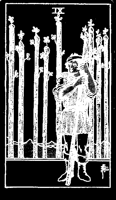 Nine of Wands — white-line plate after the 1909 Rider–Waite–Smith deck