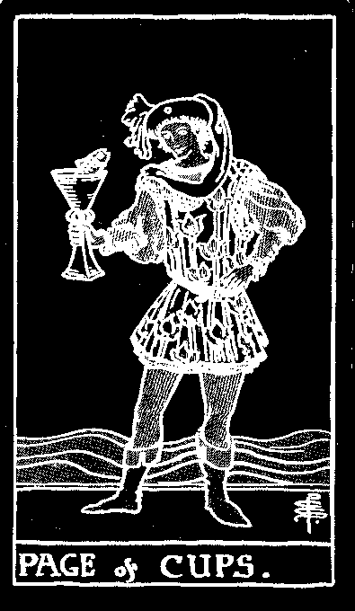 Page of Cups — white-line plate after the 1909 Rider–Waite–Smith deck