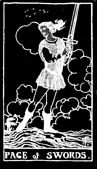 Page of Swords — white-line plate after the 1909 Rider–Waite–Smith deck