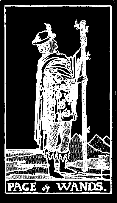 Page of Wands — white-line plate after the 1909 Rider–Waite–Smith deck