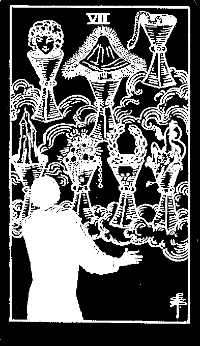 Seven of Cups — white-line plate after the 1909 Rider–Waite–Smith deck