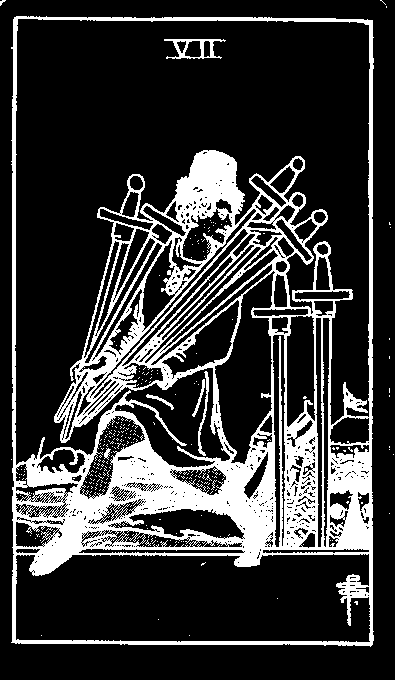 Seven of Swords — white-line plate after the 1909 Rider–Waite–Smith deck