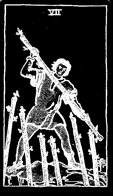 Seven of Wands — white-line plate after the 1909 Rider–Waite–Smith deck