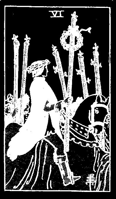 Six of Wands — white-line plate after the 1909 Rider–Waite–Smith deck