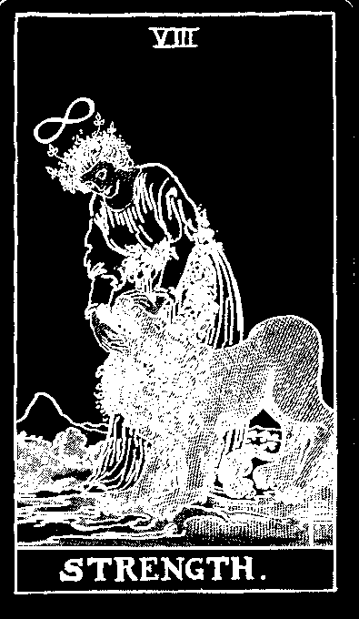 Strength — white-line plate after the 1909 Rider–Waite–Smith deck