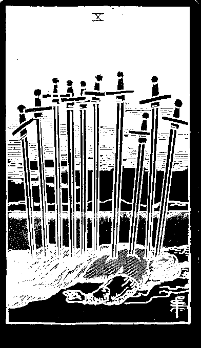 Ten of Swords — white-line plate after the 1909 Rider–Waite–Smith deck