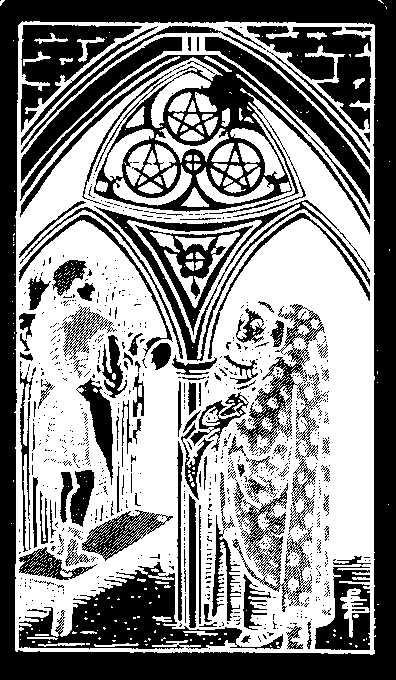 Three of Pentacles — white-line plate after the 1909 Rider–Waite–Smith deck