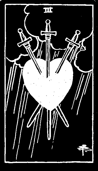 Three of Swords — white-line plate after the 1909 Rider–Waite–Smith deck