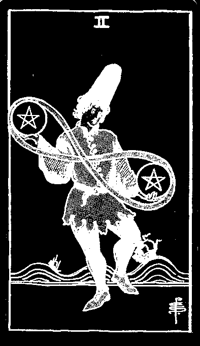 Two of Pentacles — white-line plate after the 1909 Rider–Waite–Smith deck
